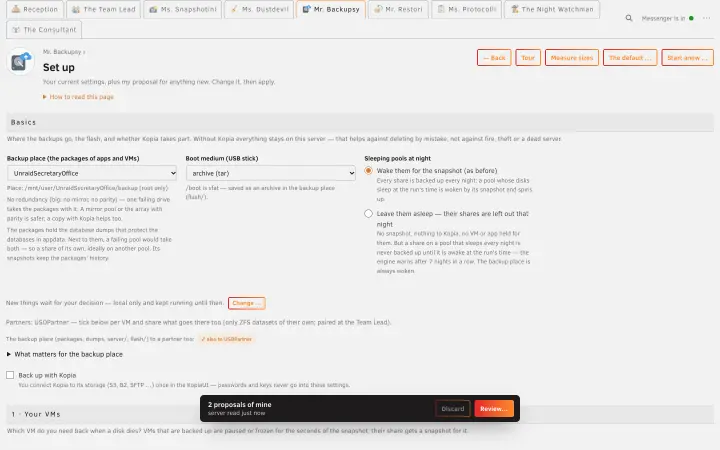 Mr. Backupsy’s setup in the browser with his proposals