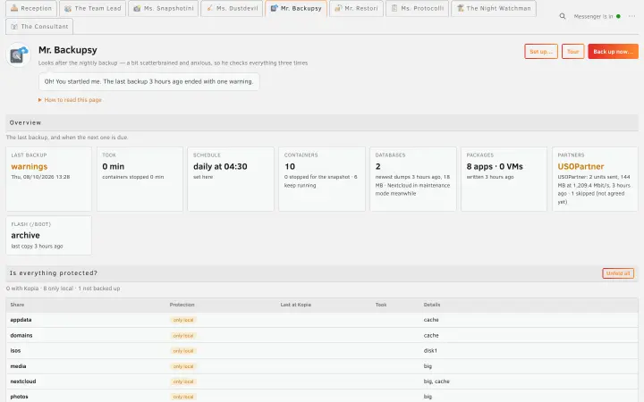 Mr. Backupsy’s page: the last backup, the schedule, containers, databases, packages, partners, and how each share is protected
