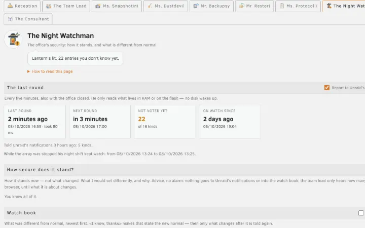 The Night Watchman’s page: his last round, how secure the server stands, and the head of his watch book